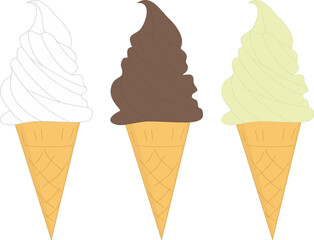Ice cream vector illustration. Ice cream in a waffle cone. White. Chocolate. Pistachio.