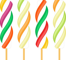Summer dessert. Frozen juice, fruit ice. Frozen summer dessert. Ice on a wooden stick. Refreshing vector illustration