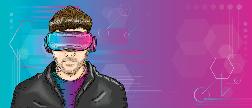 Vector Hand Drawn Engraving Style Guy wearing Virtual Reality headset Abstract VR world Person wearing virtual reality glasses and traveling the world Meta verse Virtual guide Technology Concept