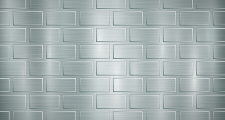 Abstract metallic background in light blue colors with highlights and a texture of big voluminous convex rectangles, like bricks