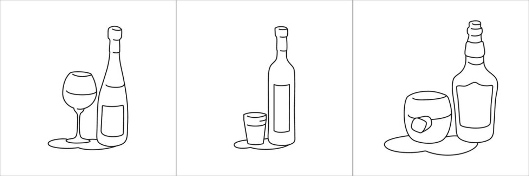 Wine vodka whiskey bottle and glass outline icon on white background. Black white cartoon sketch graphic design. Doodle style. Hand drawn image. Party drinks concept. Freehand drawing style