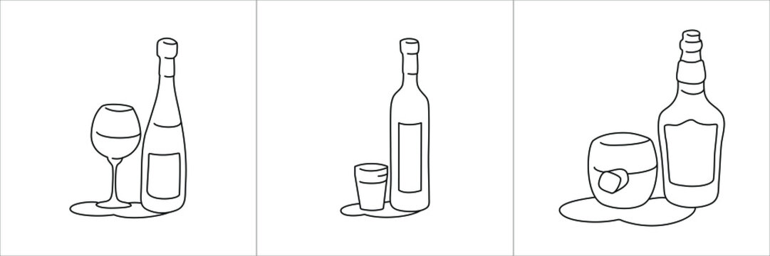 Wine vodka whiskey bottle and glass outline icon on white background. Black white cartoon sketch graphic design. Doodle style. Hand drawn image. Party drinks concept. Freehand drawing style