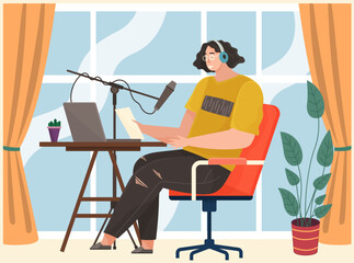Streaming, broadcast, radio host. Female podcaster, broadcaster, blogger working in studio. Interview, podcast, audio recording with microphone equipment. Woman during live stream vector illustration
