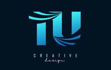 Creative blue letter TU t u logo with leading lines and road concept design. Letters with geometric design. Vector Illustration with letter and creative cuts.