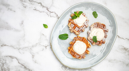 belgian waffles with icing sugar and Whipped Cream. Culinary, cooking, bakery concept. on a light background, Long banner format. top view