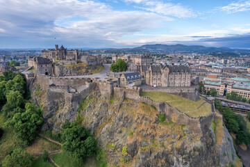 Aerial view of Edinburgh Castle. Edinburgh Castle is a castle built on the volcanic Castle Rock in...