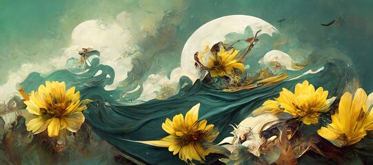 Teal green abstract ocean, windswept  waves carrying floral yellow daisy flowers away. Surreal dreamy fantasy. 