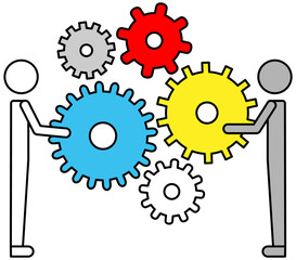 Business teamwork, communication. Employees holds gear parts. Successful negotiations. Development of new project, collaboration. Team building, brainstorming concept. Businessmen working together