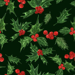 Watercolor botanical pattern of holly leaves and berries