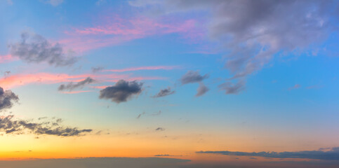 Sunset sky with light cirrus pink clouds. Delicate colors of the Sunrise Sundown Sunset  sky. Panorama.