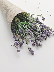 Bouquet of fresh blooming lavender wrapped in kraft paper on white background, vertical