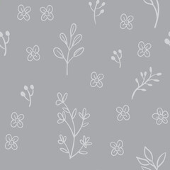 Leaves and flowers seamless pattern. Doodle nature elements background texture. Botanical design.