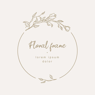 Elegant circle floral frame. Hand drawn logo template in line art with flowers. Vintage botanical wreath. Vector illustration for labels, branding business identity, wedding invitation