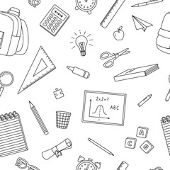 Seamless pattern with line school supplies. Background to school elements. Stationery on a white background. Ruler, pencil, markers and felt-tip pens. Education, back to school