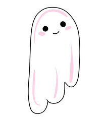 Vector Halloween cute ghost with pink cheeks icon isolated on white background.