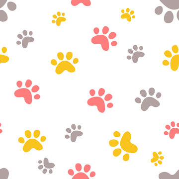 Dog and cat color footprint step silhouette seamless pattern illustration fabric design