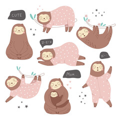 A set with a cute animal sloth on a white background. Vector illustration for printing on fabric, wrapping paper, clothing. Cute baby background © Дмитрий Бондаренко