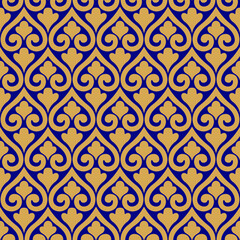 abstract ethnic islamic motifs with ornamental tile block on royal ornamental blue and golden flat vector tile.