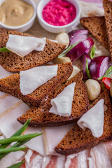 Lard with toast, vodka snack.