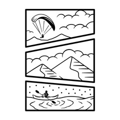 Illustration of outdoor challenging adventure activities. Line art of challenging sports activities for enamel pin jewelry. Illustration design for apparel products, stickers, and mugs.