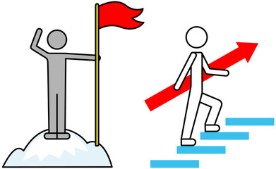 Self-development and path to success icon, man with flag standing on top of mountain, climbs stairs to goal, planning, target. Strategy, doing, teamwork, personal achievements on way to victory