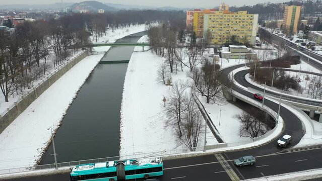 Ostravice River during winter in Ostrava, Czech Republic, 4k footage
