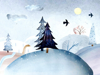 Cute winter watercolor lansdcape. Snow-covered forest.