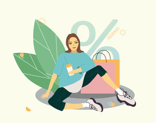 Vector illustration of a fashionable girl with packages from the store. Flat illustrations for summer, spring sale.