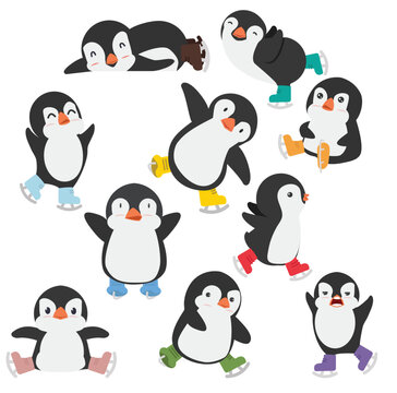 happy Penguin ice skates cartoon set