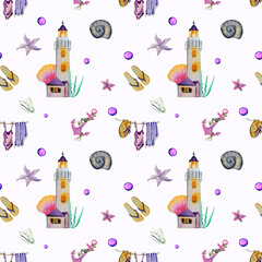 Nautical seamless pattern with lighthouse, lifebuoy, marine knot, letter in a bottle, starfish, shells and bubbles on white background. Great for textile, wallpaper, fabric, wraping.