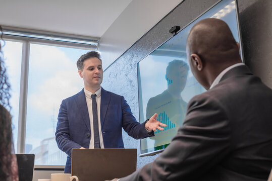 Business Man Plans Future Projects To Make  Company Profitable Presentation In Meeting Room