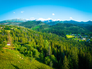 Aerial view of the Tatra Mountains in Zakopane. View from the drone on the high Tatras, rocky mountains.