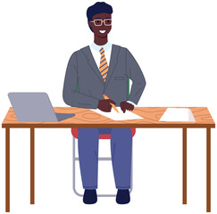 Man working at office with computer at workplace. Employee manager or businessman sitting at desk, looking at laptop, writing notes, doing tasks. Effective time management, workspace, workflow