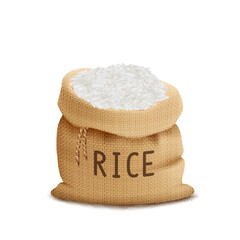 Burlap sack of white rice on a white background.