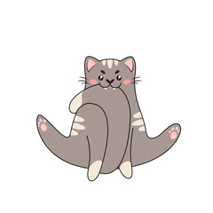 A cartoon cute gray cat is gnawing its tail. Pet. Vector