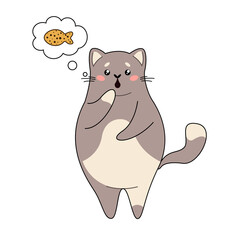 A hungry grey cat dreams of a fish cracker. A pet. Vector