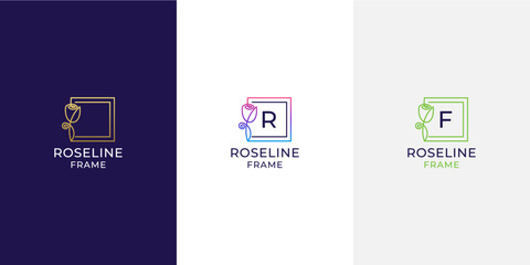Rose frame logo with letter r f and line art style
