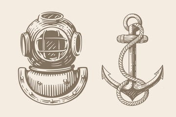Anchor in engraving style and old diving helmet. - obrazy, fototapety, plakaty