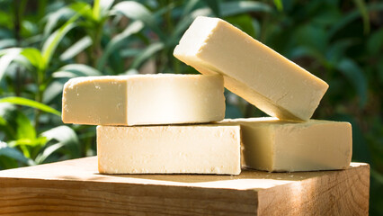 Natural Olive oil soap. Organic handmade soap bars with olive branch concept. Skin care products. Selective focus.