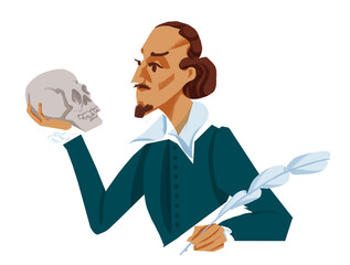 William Shakespeare holding skull - colour illustration - obrazy, fototapety, plakaty