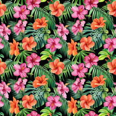 Palm leaves, tropical flowers orchid, hibiscus on black background, watercolor botanical. Seamless patterns.