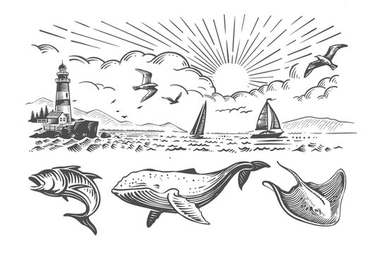 Landscape, sea, sailboat, lighthouse. Hand drawn vector illustration