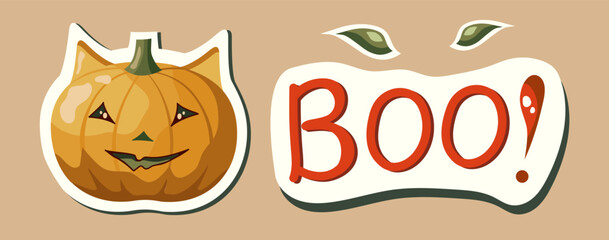 Fototapeta premium Autumn sticker pack. Set of Halloween illustrations with pumpkin. Cute and creepy fall stickers.
