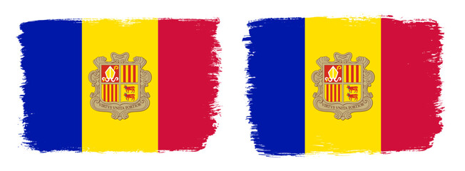 A set of two vector brush flags of Andorra with abstract shape brush stroke effect