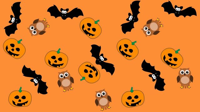 Halloween decoration with birds and pumpkins on an orange and green background - animation