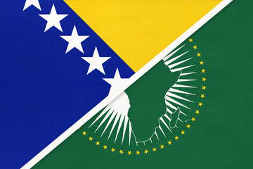 African Union and Bosnia and Herzegovina, national flag from textile. Africa continent vs Bosnian symbol