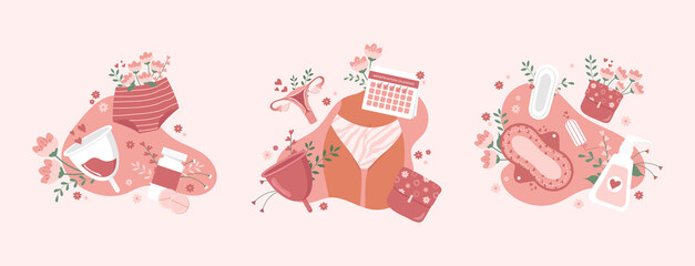 Flat menstrual design concept with feminine hygiene items and pads, panties, tampons, calendar, girl, on pink background, vector - obrazy, fototapety, plakaty