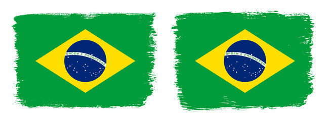 A set of two vector brush flags of Brazil with abstract shape brush stroke effect