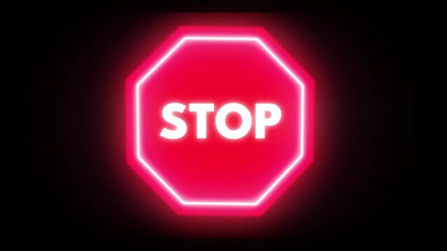 Glowing Red Stop Sign Flashing on Dark Background (alpha channel) . Isolated Stop octagon lighting animation 4k video 