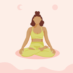 Yoga girl in the style of faceless. Vector illustration on pink background with moon and sun. Design concept for International day of yoga.